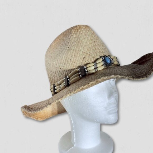 Handwoven Straw Cowboy Hat  Western-Inspired Wood Beaded Band Natural Beige OS - Picture 1 of 9